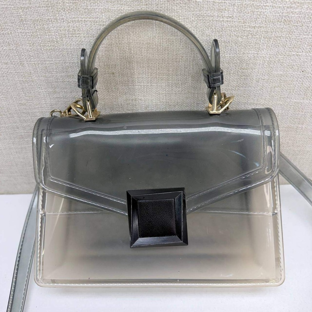 Smoky Grey Clear PVC Jelly Crossbody Bag Top Handle Gold Hardware